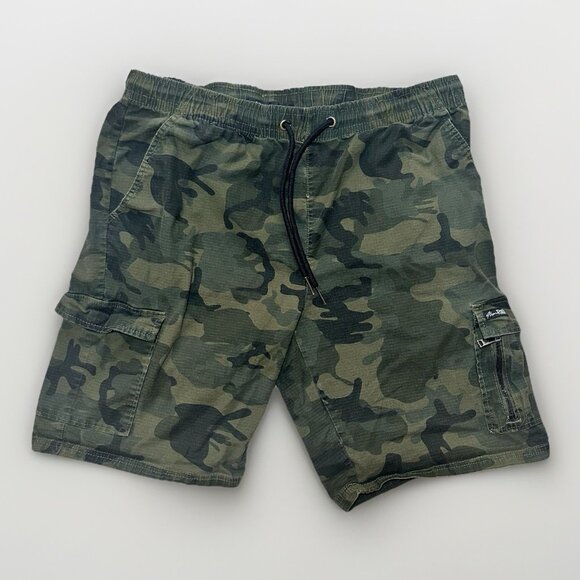 Marc Ecko Cargo Shorts Mens Large Camo Print Cut And See Pockets Drawstring Y2K - Picture 1 of 9